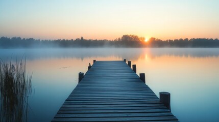 Fototapeta premium Serene Sunrise over Misty Lake with Wooden Dock