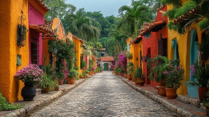 Fototapeta premium Colorful Mexican colonial town with cobblestone streets. Generative AI