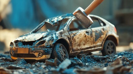Destruction of a toy car piggy bank by a hammer in a messy workshop environment
