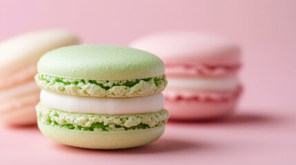 Sweetly stacked macarons in pastel pink, green, and white create a delicate, charming treat