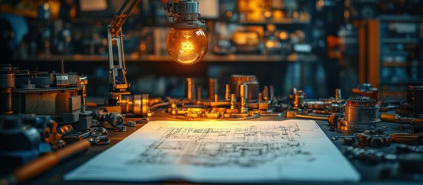 Blueprint illuminated by a vintage desk lamp amidst scattered mechanical parts in a workshop.
