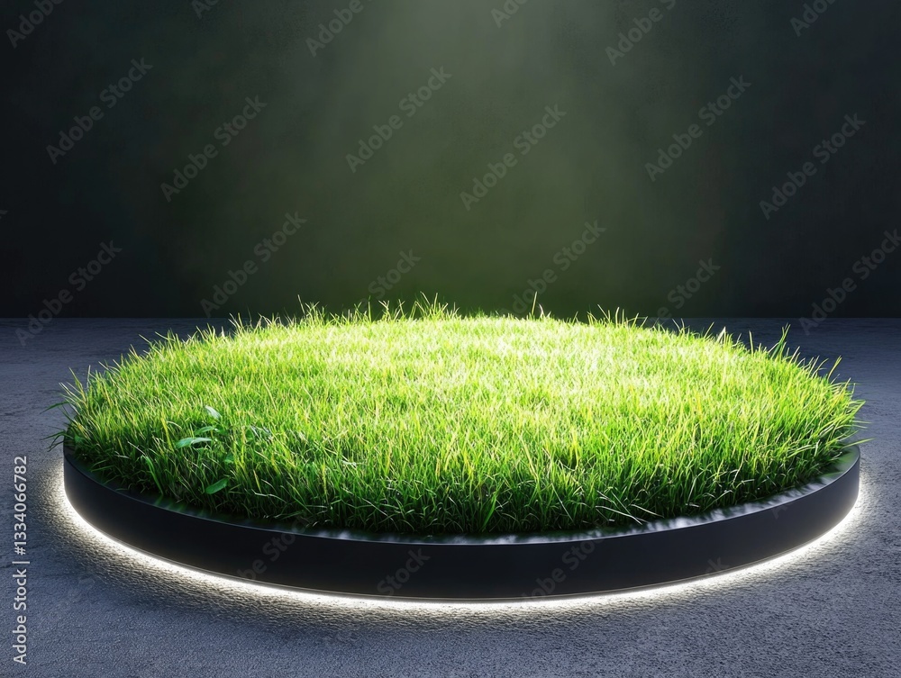 Poster a serene landscape of a green grass field illuminated by a soft light, great for backgrounds and pea