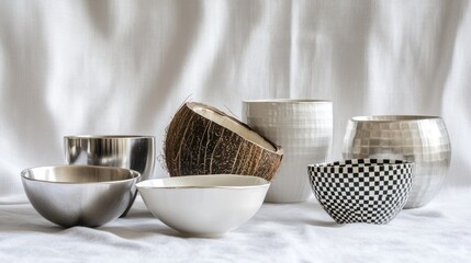 Silverware, ceramic bowls, coconut shell, fabric background; home decor still life