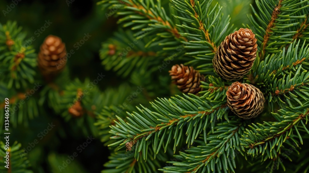 Poster A close-up view of pine cones on a tree branch