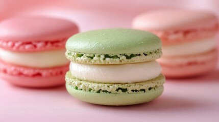 Delicate macarons in pastel hues create a sweet, stacked treat. Soft focus highlights the gentle colors and textures