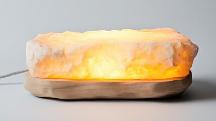 Warm Yellow Illuminated Salt Rock Lamp on Stone Base