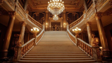 Fototapeta premium Grand staircase in luxurious golden palace with ornate chandelier and marble steps