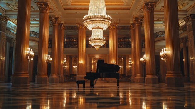 Grand piano in opulent ballroom with majestic chandelier and ornate architecture
