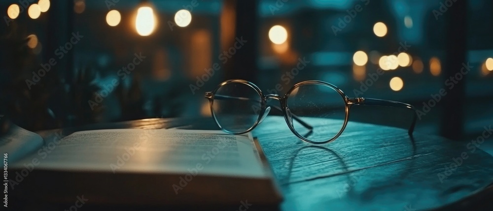 Poster a pair of reading glasses sits on the cover of an open book, perfect for finding inspiration or taki
