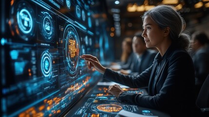A woman interacts with a large interactive display.  Team collaboration in a modern tech setting