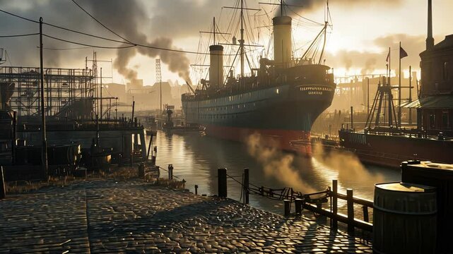 Historical Dock Scene with Steamship and Industrial Background