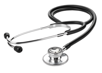 A detailed, high-quality stethoscope, with a black flexible tube and shiny silver chest piece,