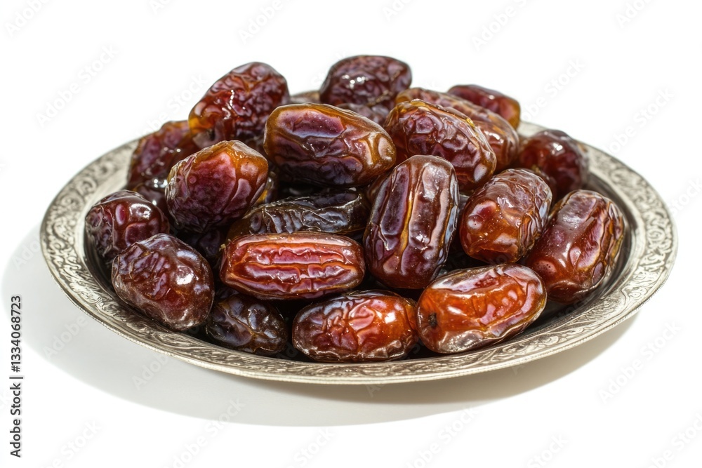 Poster fresh dates arranged neatly on a clean white surface, perfect for food photography or culinary conce