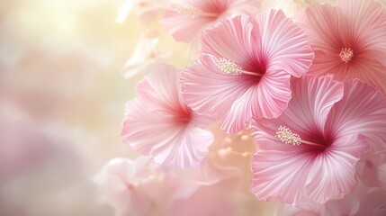 Beautiful pink hibiscus flowers blossom gracefully in soft focus