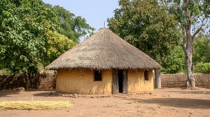 Traditional straw roofed hut in a rural African village