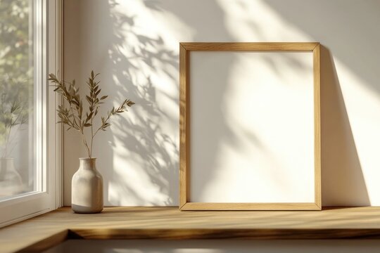 Picture frame sitting on wooden shelf, perfect for displaying personal photos