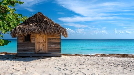 Fototapeta premium Tropical wooden beach hut with thatched roof overlooking the ocean