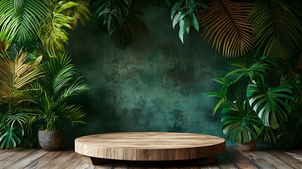 Tropical wooden podium for presentations set against lush greenery