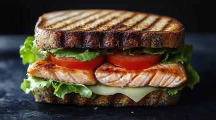Grilled salmon sandwich perfection! Juicy salmon, crisp lettuce, ripe tomato, and melted cheese on a sleek black backdrop. Delicious!