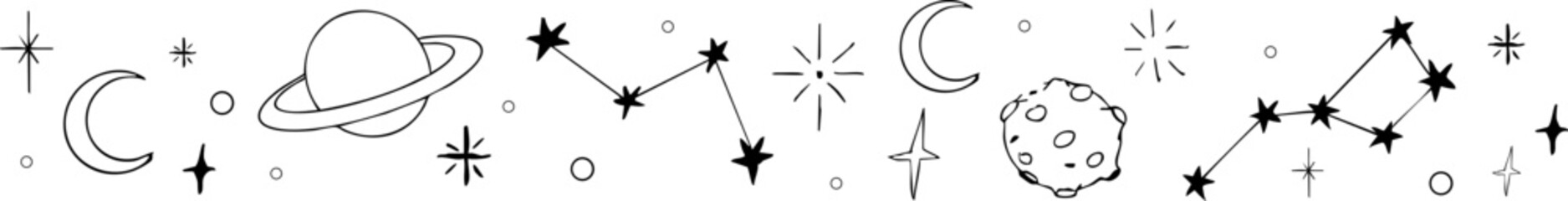 Star celestial divider, border frame, space with blink stars,  planets, comets. Doodle siple line  