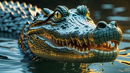 Obraz premium Dramatic Alligator Portrait with Scaly Skin, Green Eyes, and Rippling Water Reflection 