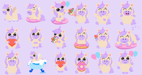 Cute unicorn characters set for kids Adorable mythical creatures illustrations Funny magical animal collection Whimsical pony graphics for children's design Sweet fantasy animal clip art © Makoto Artist