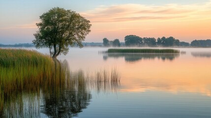 A tranquil scene of a tree and water at sunrise