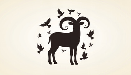 Silhouette of a ram surrounded by flying birds on a light background  