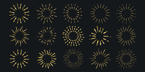 Golden shining boho sun set. Hand drawn doodle style circles with rays. Variation of solar light celestial symbols for esoteric, astrology and other design. Vector graphics