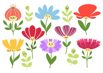 Collection of spring flowers and branches with cute faces on white background. Set of colorful spring flowers and branches for decoration, Easter or Thanksgiving card