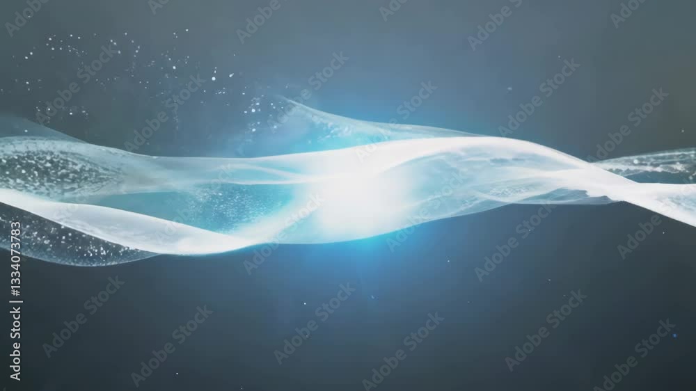Poster the sky is a deep blue color with a few white clouds scattered throughout. a large, blue wave is pre