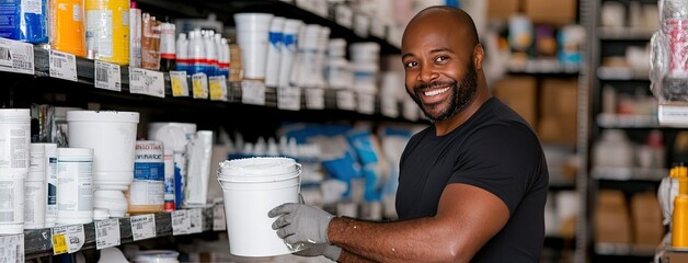 Man smiling while holding a paint bucket in a well-organized hardware store aisle filled with various painting supplies