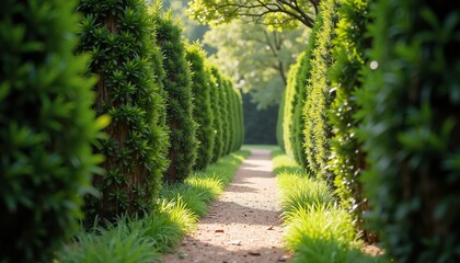 Tranquil garden path surrounded by lush green hedges, ideal for nature relaxation themes