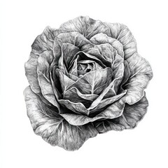 Obraz premium Detailed grayscale drawing of a flower resembling a rose, but with cabbage-like leaves