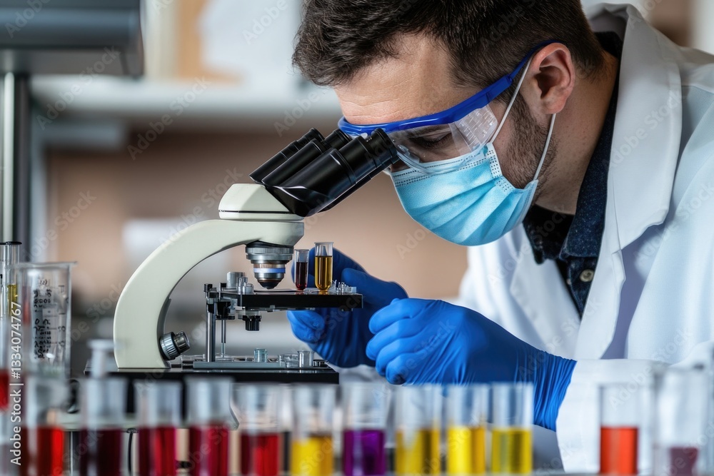 Poster A scientist examining microscope slides in a laboratory setting, with a focus on scientific research and analysis