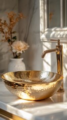 Luxurious gold basin with elegant faucet in sunlit bathroom setting