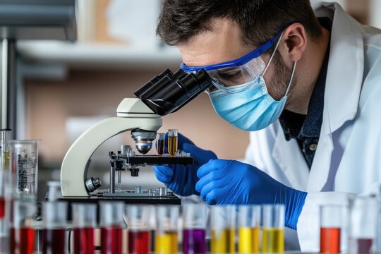 A scientist examining microscope slides in a laboratory setting, with a focus on scientific research and analysis