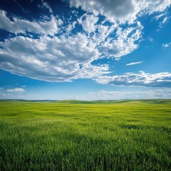Fototapeta premium Vast green field under a partly cloudy sky