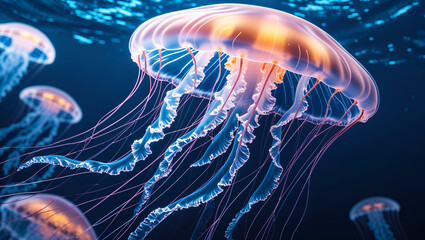 Obraz premium Luminescent Jellyfish Glowing in the Deep Ocean with Vibrant Pink and Blue Hues