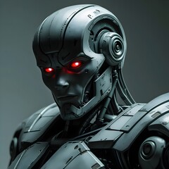 Robot with Deep Red Glowing Eyes and Sharp Angular Plating, Symbolizing a Cold, Calculating, and Dangerous Menace