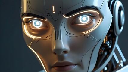 Futuristic Robot Analyzing with Illuminated Eyes and Subtle Mechanical Movements: Close-Up of Advanced Technology and Thought Process