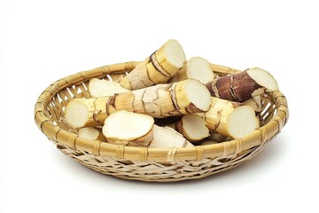 Sliced edible roots in woven basket on white background