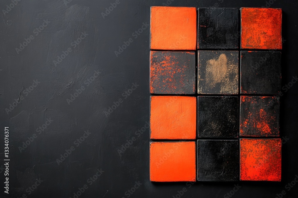 Poster a section of wall featuring alternating black and orange tiles on a dark background