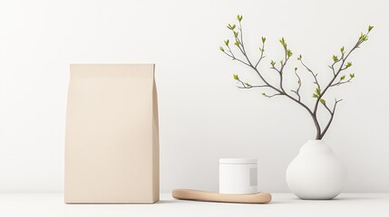 A minimalist scene featuring a beige bag, a white container, and a branch in a vase, all set against a light background.