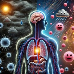 Human Figure Surrounded by Flowing Emotions, Illustrating the Impact of Stress and Joy on Immune System Function and Health