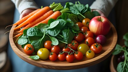 Farm-to-Table Freshness: Colorful Fruits and Vegetables on a Rustic Wooden Plate in a Cozy, Natural Light Setting
