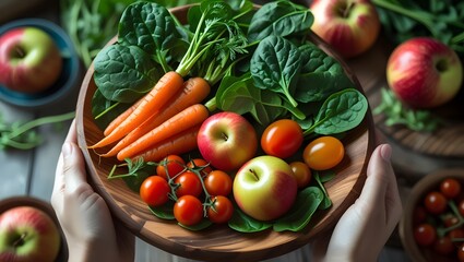 Vibrant Assortment of Fresh Fruits and Vegetables on a Rustic Wooden Plate, Captured in Soft Natural Light from Above