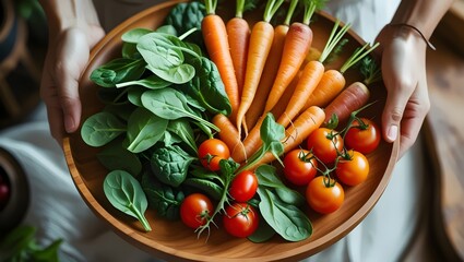 Beautifully Arranged Organic Produce on a Wooden Plate, Featuring Carrots, Spinach, Tomatoes, and Apples in a Cozy Setting