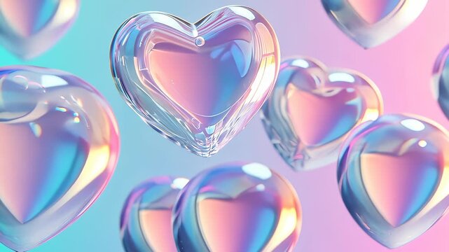 on pink translucent Valentine's Day 3d heart shaped bubbles are floating Many a pastel colored background with a gradient from blue to pink video 4k