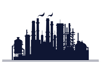 Chemical industry enterprise, plant, oil refinery. Horizontal monochrome silhouette of industrial landscape. Tanks, pipes, oil products production, liquefied gas, chemistry.